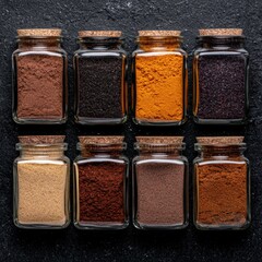 Assortment of colorful spices in glass jars on black background.
