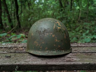 Naklejka premium Weathered military helmet rests on a mossy wooden surface.