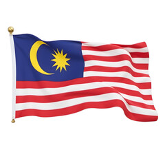Malaysia flag red white stripes, blue canton, crescent star, no pole, isolated white background, Southeast Asian photography