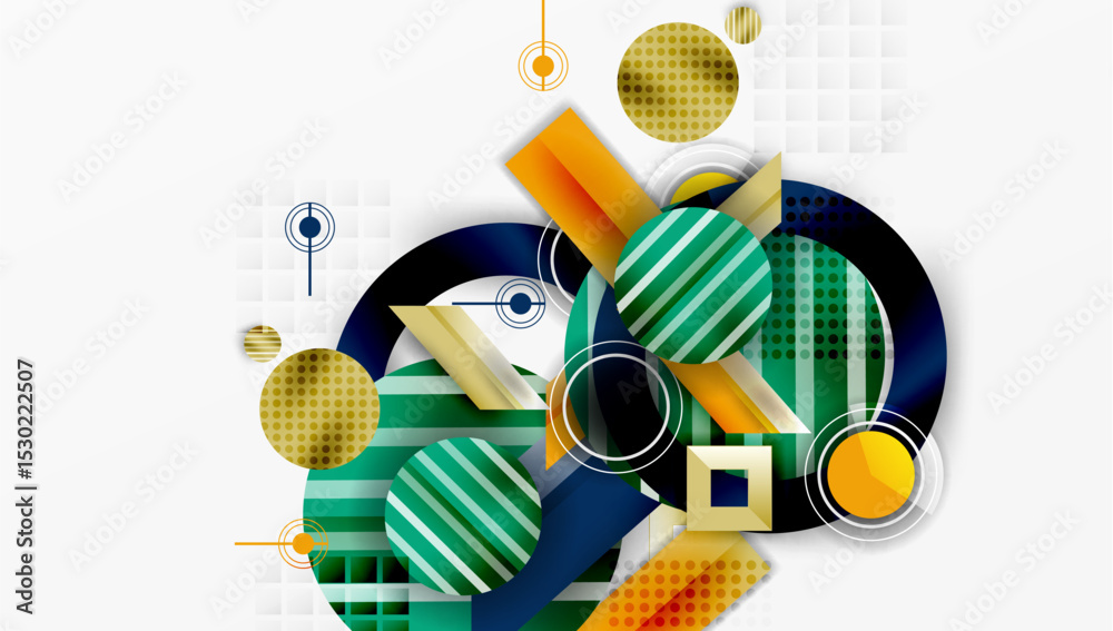 Poster Abstract geometric composition. Circles, rectangles overlap creating dynamic visual effect. Green, gold, navy dominate palette. Modern design.