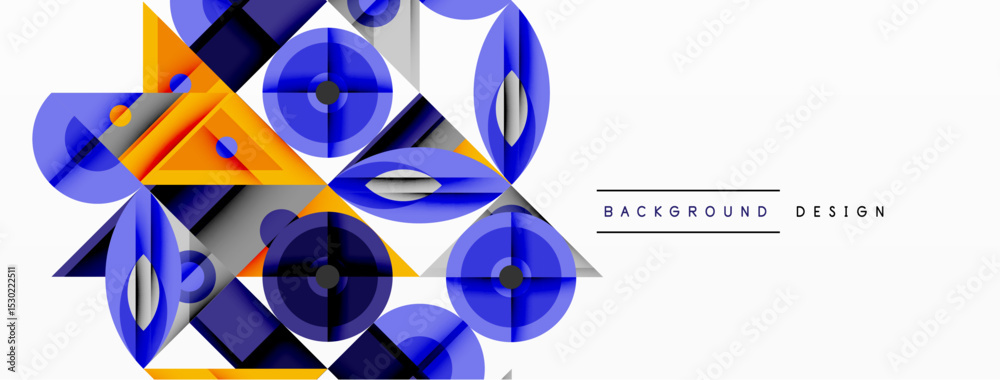 Poster abstract geometric shapes, blue, orange hues create dynamic composition. modern design elements sugg