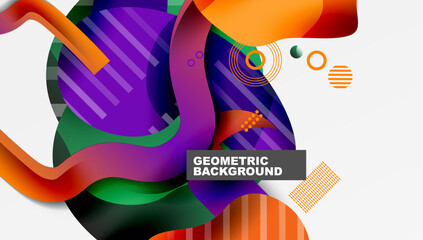 Abstract design features vibrant shapes, gradients, lines. Modern composition with dynamic color palette, geometric elements.