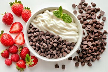 Fresh strawberries with chocolate chips and creamy dip in a bowl, garnished with mint.