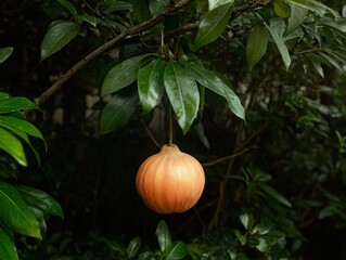 Exotic fruit hangs from a tree branch in nature.