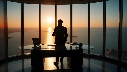Businessman silhouette in office overlooking ocean at sunset financial success concept