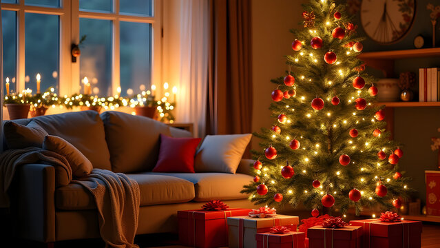 Decorated Christmas Tree with Gifts in Cozy Home Living Room Setting