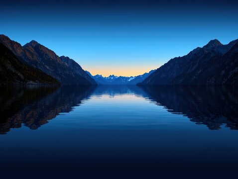 Serene lake surrounded by majestic mountains at twilight. - Powered by Adobe