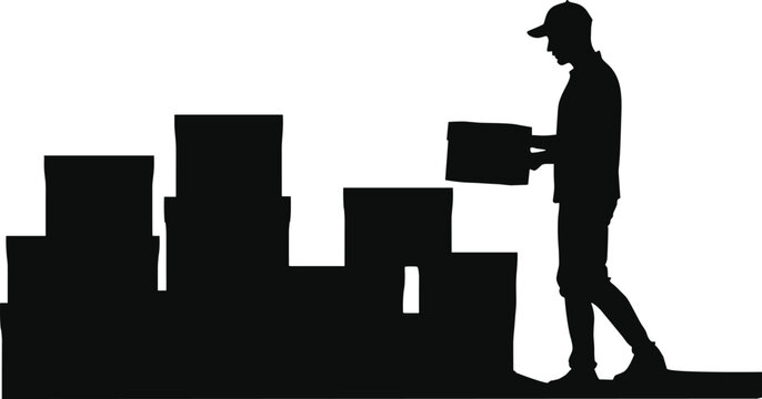 Silhouette vector of a delivery worker moving boxes in a warehouse or storage area. Ideal for logistics, shipping, courier, and supply chain visuals. Isolated on transparent background.