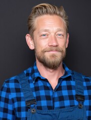 Fototapeta premium Bearded man in blue flannel and overalls smiles warmly.