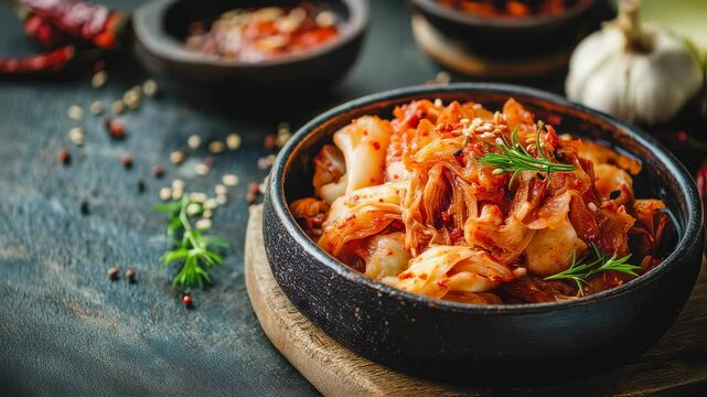 Fresh kimchi dish garnished with herbs and spices in rustic setting highlights authentic korean cuisine