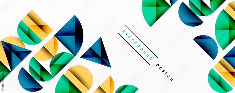 Poster abstract geometric shapes overlap, creating dynamic visual pattern. yellow, green, blue hues dominat