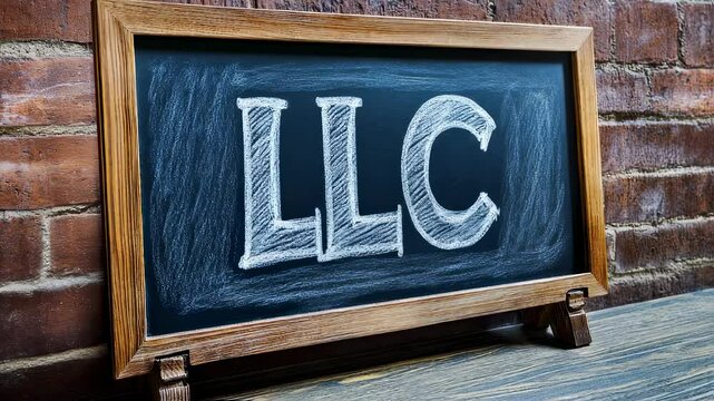 Rustic chalkboard displaying "llc" against brick wall in professional setting