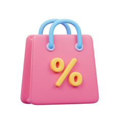 Pink and red 3D percent signs on white paper shopping bags symbolize retail discounts and sales
