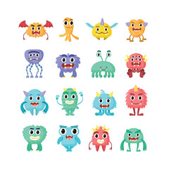 Colorful Cartoon Monsters with Cute and Playful Expressions in Rows Illustration Collection
