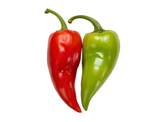 Two hot chili peppers red and green top view isolated on transparent background.