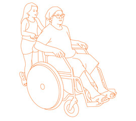 little girl pushing her grandmother's wheelchair at the park