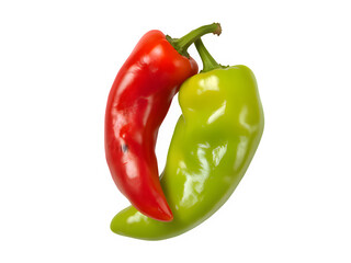 Two hot chili peppers red and green top view isolated on transparent background.
