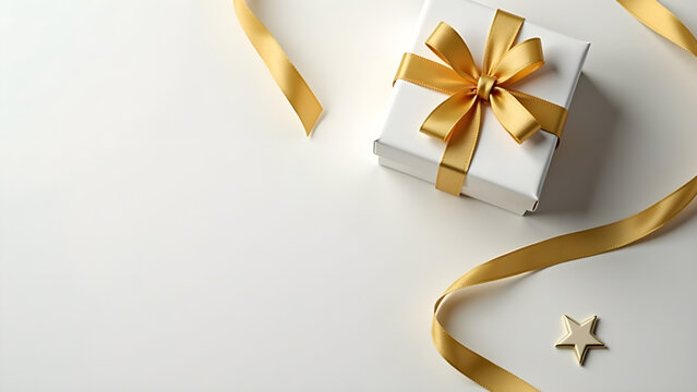 Top view of white christmas gift box with golden ribbon. Space for text.