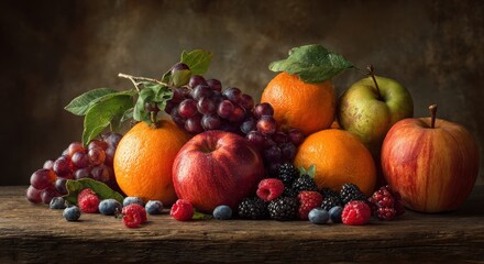 Vibrant still life of fresh fruits including oranges, apples, and berries arranged on a wooden table