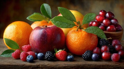 Vibrant still life of fresh fruits including oranges, apples, and berries arranged on a wooden table