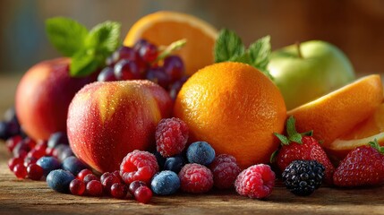 Vibrant still life of fresh fruits including oranges, apples, and berries arranged on a wooden table