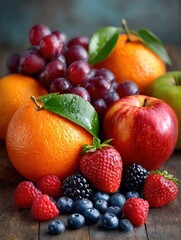 Vibrant still life of fresh fruits including oranges, apples, and berries arranged on a wooden table