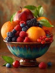 Vibrant still life of fresh fruits including oranges, apples, and berries arranged on a wooden table