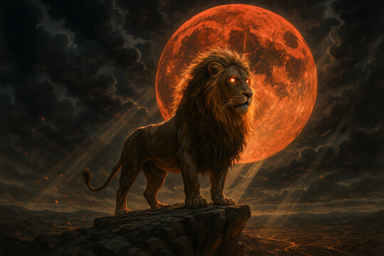 Lion of Judah Before Blood Moon &ndash; Biblical Prophetic Symbol of Strength, Majesty, and End Times Revelation