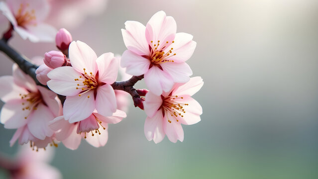 Spring Blossoming Tree Branch and Flowers on Blurry Background