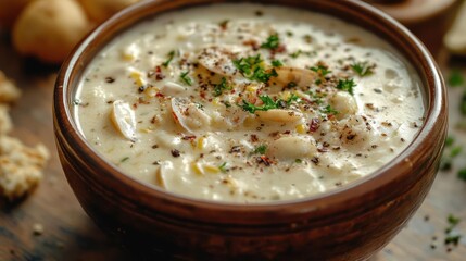 A bowl of creamy clam chowder with herbs on top.