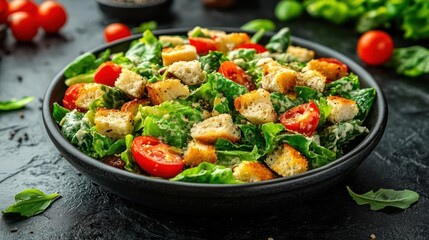 A bowl of green salad with tomatoes and croutons.