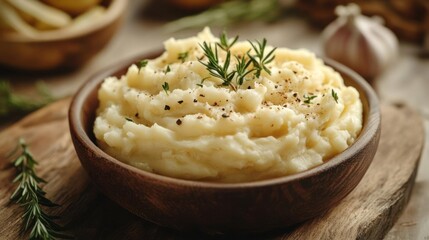 A bowl of mashed potatoes garnished with rosemary