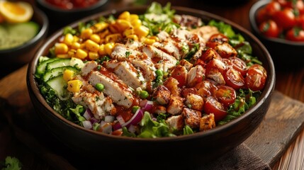 A bowl of salad with chicken and vegetables