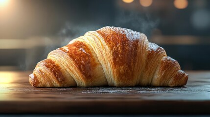 A golden brown croissant with powdered sugar on top