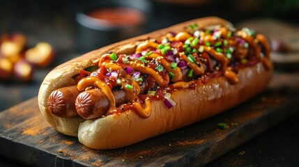 A hot dog with various toppings on a bun