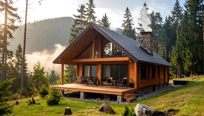 Cozy wooden cabin in the forest.
