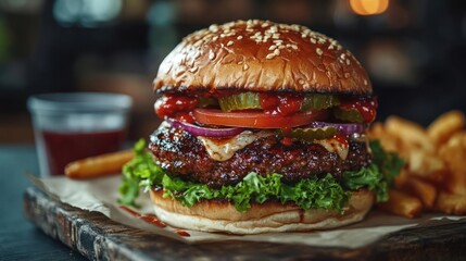 A juicy burger with a beef patty and various toppings