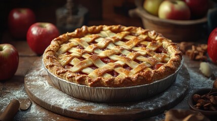 Apple Pie with lattice crust and red apples