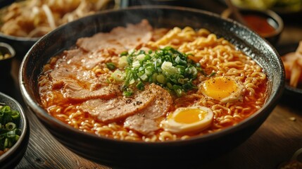 A steaming hot bowl of ramen noodles topped with a soft-boiled egg and green onions.
