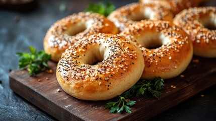 Bagels on a wooden cutting board.