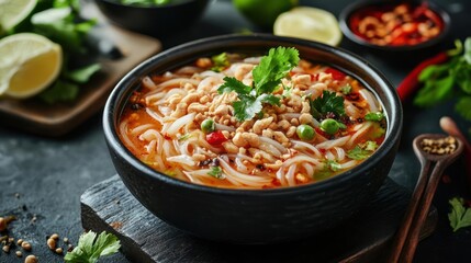 Bowl of noodles with soup and vegetables