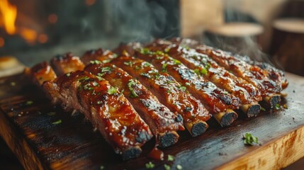 Delicious glazed ribs on a wooden cutting board.