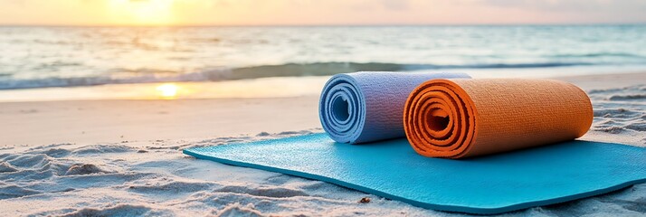 Colorful yoga mats laid out on a tranquil sandy beach during a beautiful sunset, ready for a serene outdoor wellness and meditation session by the ocean