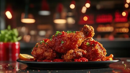 Fried chicken wings with sauce and garnish