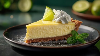 Key Lime Pie on a plate with powdered sugar and lime