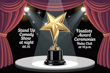 A glamorous comedy award poster shows a golden star trophy on stage with red curtains spotlights bold event text and dramatic lighting for a realistic theatrical atmosphere