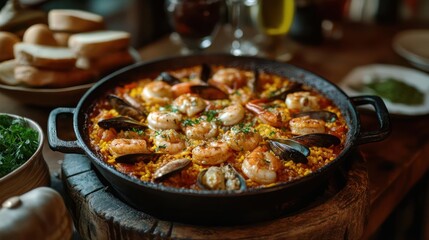 Pan of seafood paella with bread and wine on a table