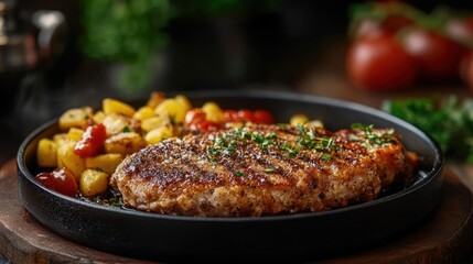 Pan-Fried Turkey Burger with Potatoes and Tomatoes
