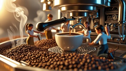 A dynamic ultra-realistic miniature scene of several tiny people collaboratively making coffee in a 
detailed miniature café setting