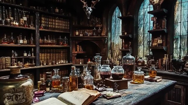 A mystical alchemy lab filled with vintage bottles and books.